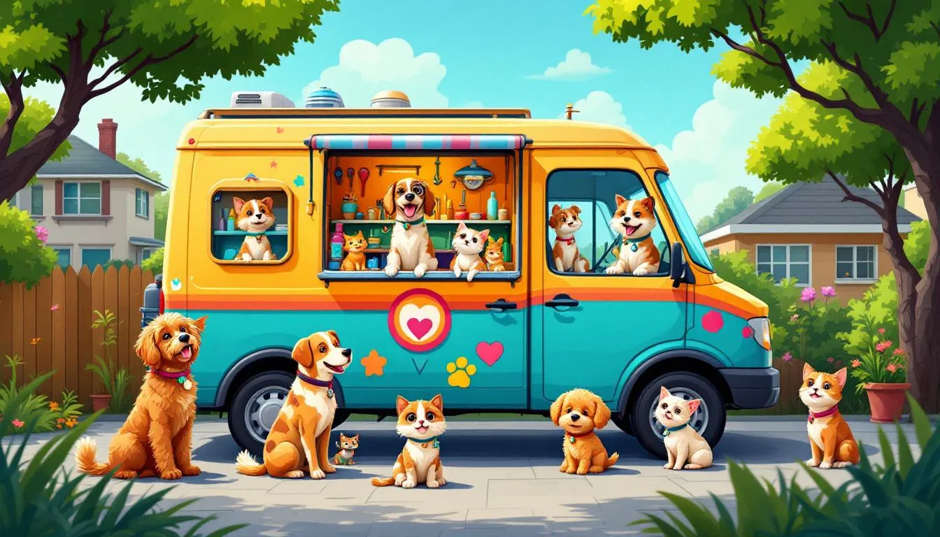 A fully equipped mobile pet grooming van parked outside a house in Gurgaon.