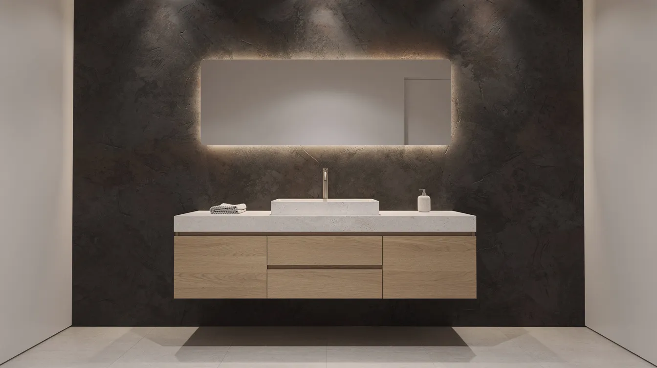 The image features a modern bathroom vanity area with a deep-toned textured venetian plaster accent wall that enhances the space's elegance, complemented by a floating mirror and a sleek wall-mounted faucet. The polished plaster finish adds a luxurious touch, creating a spa-like sanctuary in this stylish powder room.