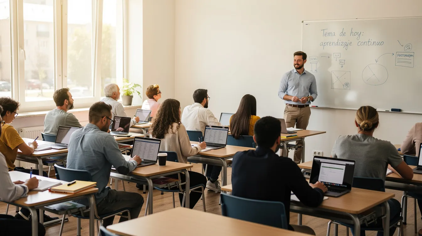 En la imagen se observa a un grupo de adultos participando activamente en una clase, lo que refleja la situación actual de la educación en España. Este tipo de formación es esencial para mejorar las cifras de abandono y fomentar la obtención de títulos en diversas comunidades autónomas.