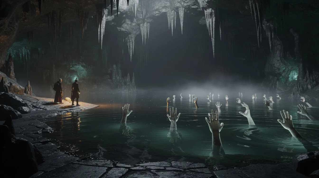 In einer dunklen Höhle stehen zwei Gestalten am Rand eines unterirdischen Sees, dessen grünlich-bläuliches Licht sich gespenstisch auf der Wasseroberfläche spiegelt. Aus den Fluten ragen unheimliche Hände, die an die düstere Atmosphäre der Harry Potter Geschichten erinnern.