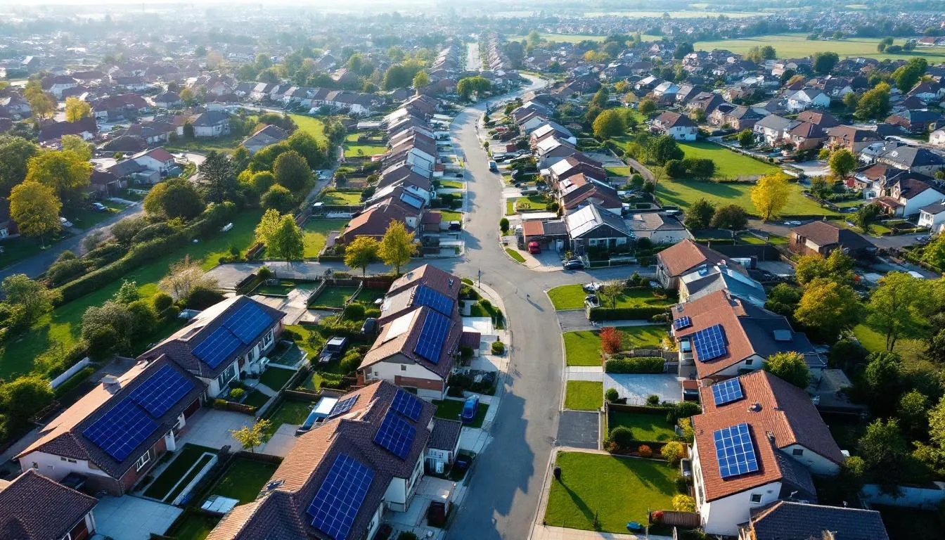 An aerial view of a suburban neighborhood in India showcases several homes featuring rooftop solar panels, highlighting the trend of residential rooftop solar systems. The solar panels are installed on various rooftops, illustrating the growing adoption of solar power to reduce electricity bills and harness renewable energy.