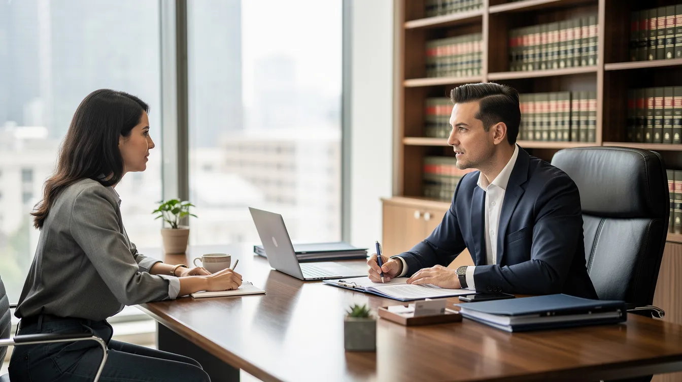 The image shows a professional meeting between an attorney and a client at a desk, where they are discussing details related to a rear end collision car accident. The attorney appears to be providing legal advice on how to pursue a personal injury claim, including potential compensation for medical bills and lost wages.
