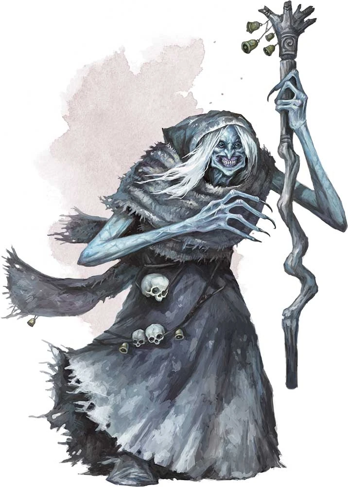 An old hag who is hunched over carrying a walking stick. her long claws are shown in front of her cloak and her skin is a light blue. She is covered in winter clothing with skulls hanging from her dress. Her creepy smiles is covering half her face while her witch like nose hangs over her face.