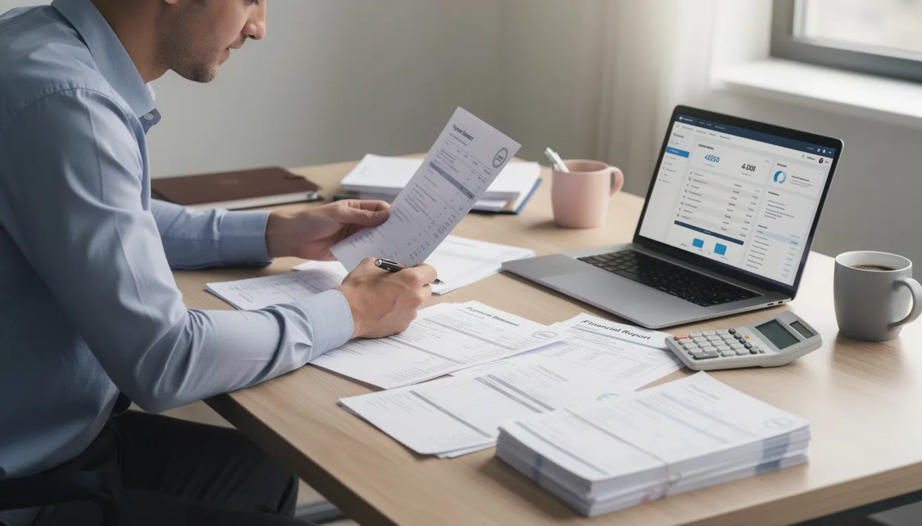 A business owner is seated at a desk, reviewing payment statements and various financial documents, which include details about credit card transactions and payment processing fees. The scene emphasizes the importance of managing a merchant's account and understanding transaction data for effective financial oversight.