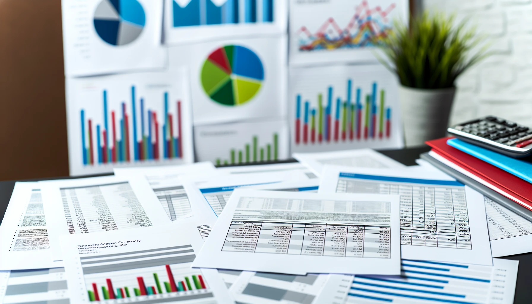 Financial reports and documents on a desk with charts and graphs
