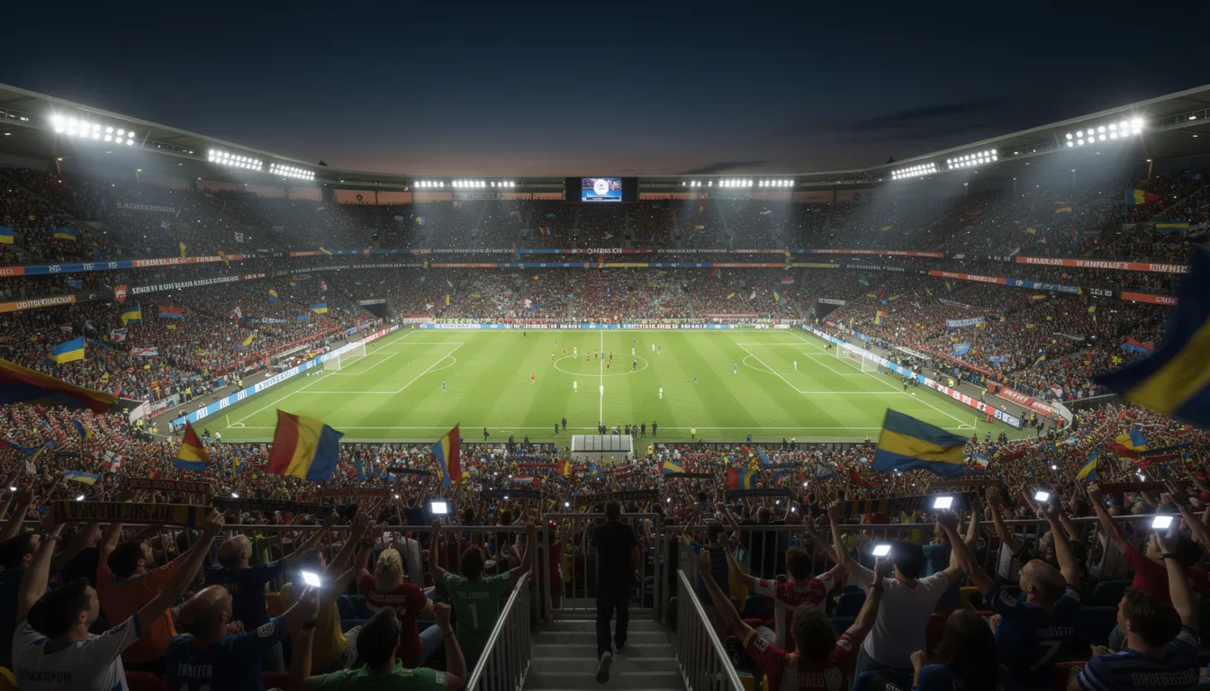 En fotbollsstadion är fylld med entusiastiska fans som hejar på sina lag under en spännande kvällsmatch. Atmosfären är elektrisk med ljudet av jubel och sång, vilket skapar en oförglömlig upplevelse för alla närvarande.