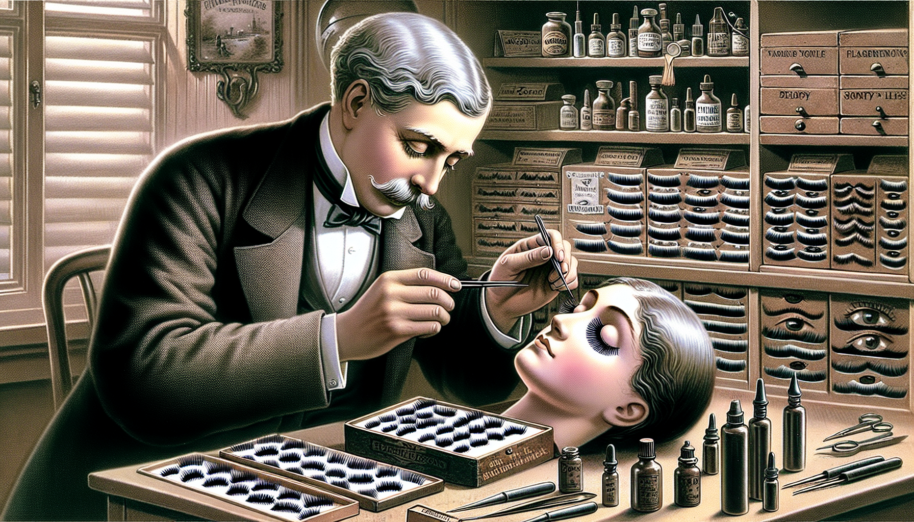 Illustration of Karl Ludwig Nessler with the first artificial eyelashes