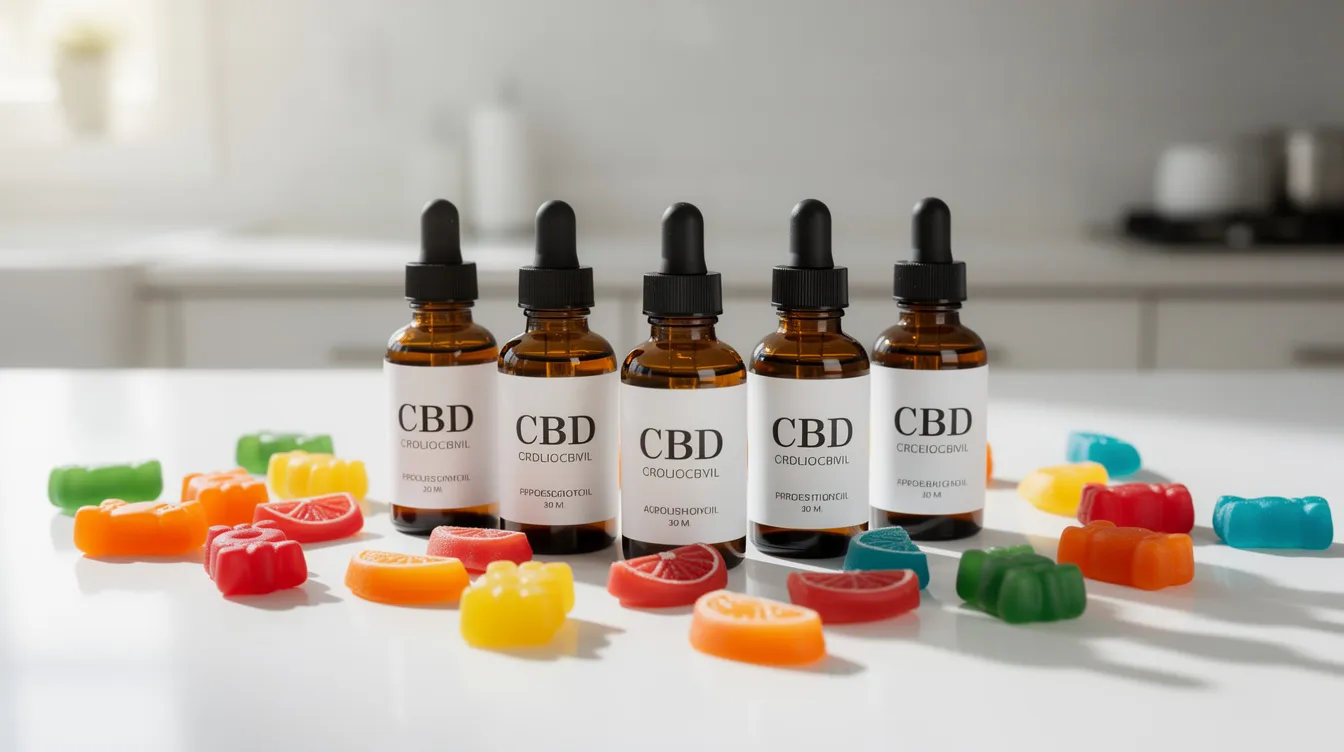 The image features an assortment of CBD oil bottles alongside colorful gummies, all neatly arranged on a white countertop. These hemp-derived products highlight the growing interest in cannabis alternatives, which are often sought by registered medical marijuana patients and those exploring the legal landscape of recreational cannabis.