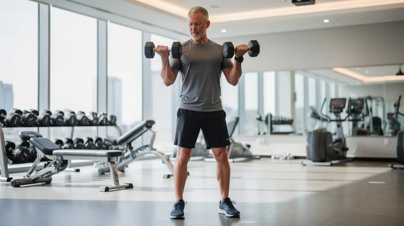 A middle-aged man is exercising with dumbbells in a well-lit gym, focusing on building muscle strength and supporting healthy testosterone levels. The scene emphasizes the importance of physical performance and overall men's health through regular exercise and proper nutrition.