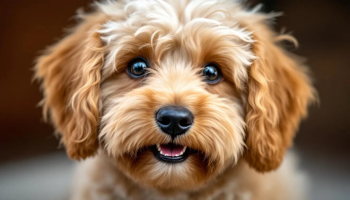 A close-up image of a fully grown toy goldendoodle, showcasing its curly and wavy coat textures, along with its expressive facial features. This adorable dog, known for its friendly nature and excellent companionship, highlights the unique characteristics of the goldendoodle breed.
