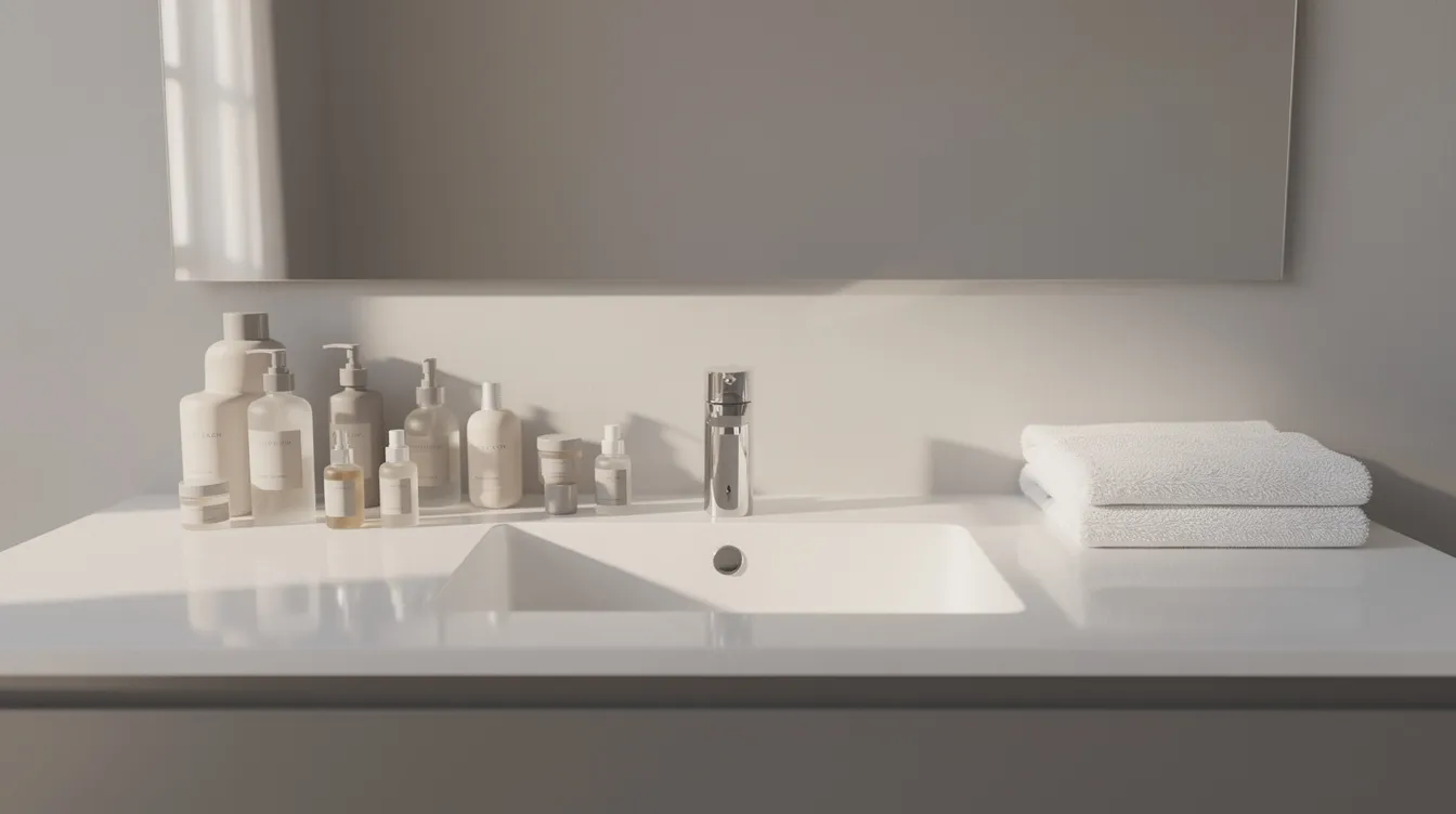 The image features a clean bathroom vanity bathed in soft morning light, showcasing neatly arranged skincare bottles, including a moisturizing cream suitable for sensitive skin, alongside a plush white towel. This serene setup emphasizes the importance of a skincare routine for maintaining skin hydration, especially in dry climates.