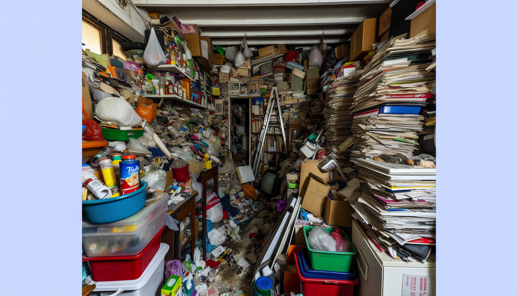 Severe clutter with blocked exits and hazardous living conditions