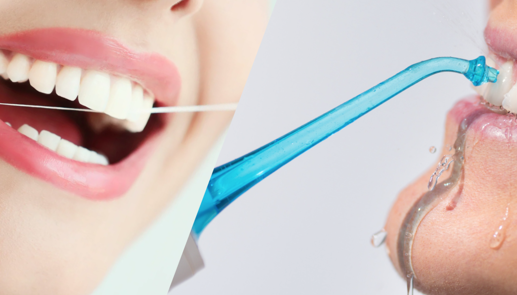 Nærbilde av tenner som renses med tanntråd og munnskylling med vannstråle fra tannspyler.
