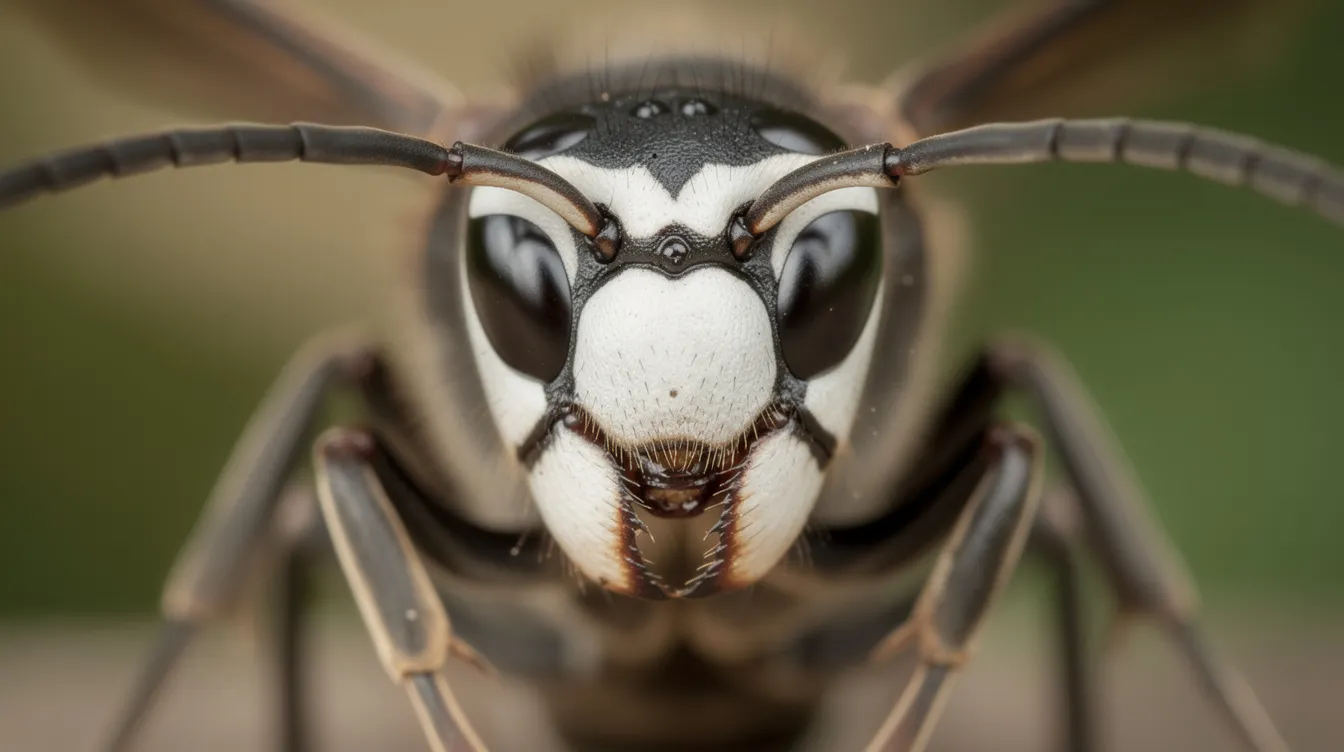 The close-up photograph showcases a bald-faced hornet, highlighting its distinctive white facial markings against a sleek black body. This image emphasizes the hornet's unique features, which are key for identifying this species known for its aggressive nature and smooth stingers.