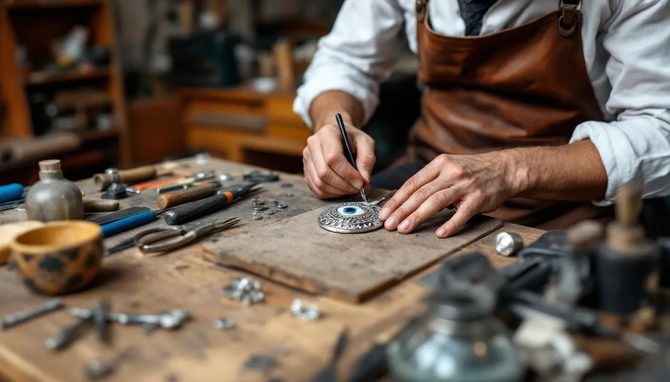 An artisan is skillfully crafting an intricate evil eye pendant, showcasing detailed metalwork that embodies the ancient symbol of protection against negative energies and bad luck. The workspace is filled with tools and materials, highlighting the craftsmanship behind this beautiful piece of evil eye jewellery.