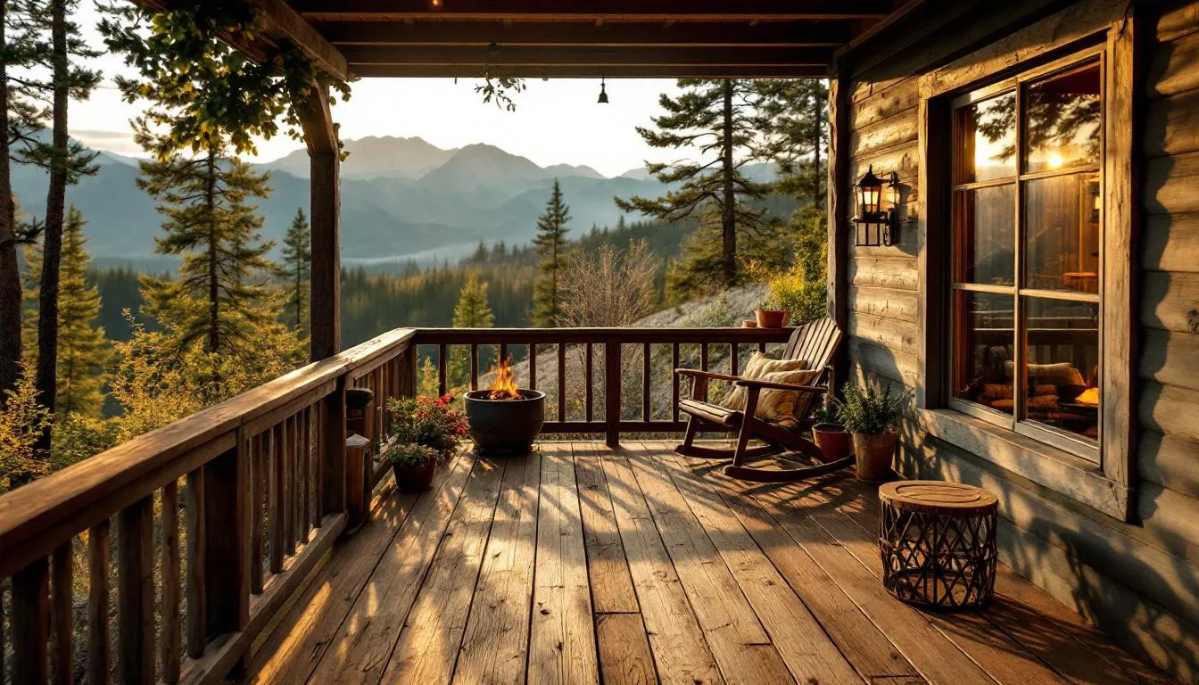 A cozy dog-friendly cabin deck offers stunning mountain views, complete with comfortable outdoor furniture for guests to enjoy. This pet-friendly lodging in Brian Head is perfect for families looking to relax and take in the natural beauty of Utah.