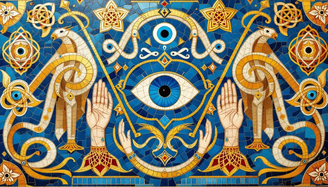 An artistic representation of protective measures against the evil eye, featuring various charms and gestures.