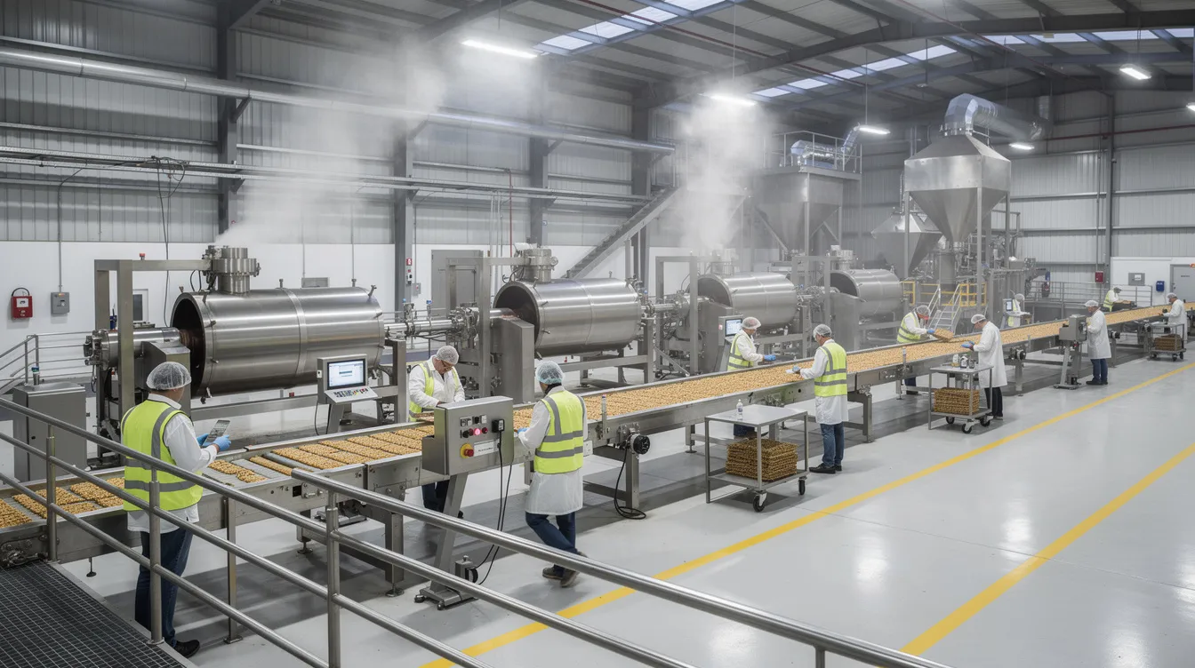 e65683f2 2066 4ae0 afb3 500932cf424a The image depicts the interior of an industrial food processing plant where workers are actively operating large roasting and conveying machinery, essential for the production of puffed rice and other cereals. The scene highlights the manufacturing process, showcasing the equipment used for roasting, mixing, and packing, while ensuring quality parameters are met for optimal taste and moisture content.