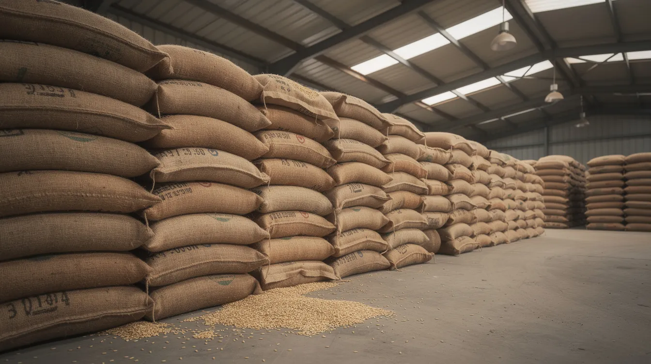 The image depicts stacked jute bags filled with wheat grains inside a large industrial warehouse, showcasing the storage aspect of the flour mill manufacturing process. This setting highlights the importance of efficient project management and market analysis in the grain supply chain.
