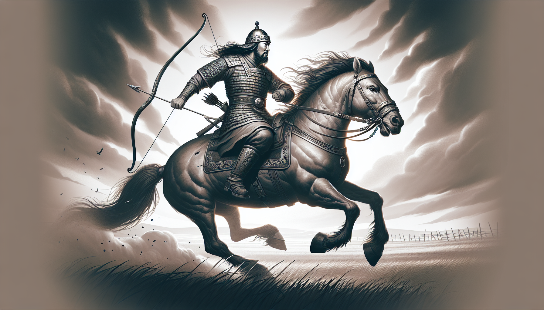 Illustration of a Mongol warrior on horseback leading a charge