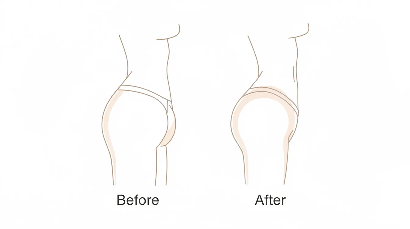 The image features a silhouette illustration showcasing a subtle before-and-after comparison of buttock contour enhancement from a side profile view, highlighting the lifted appearance achieved through non-surgical methods like liquid BBL. The illustration emphasizes the natural-looking results and body contouring effects that can be achieved with injectable dermal fillers or fat transfer.
