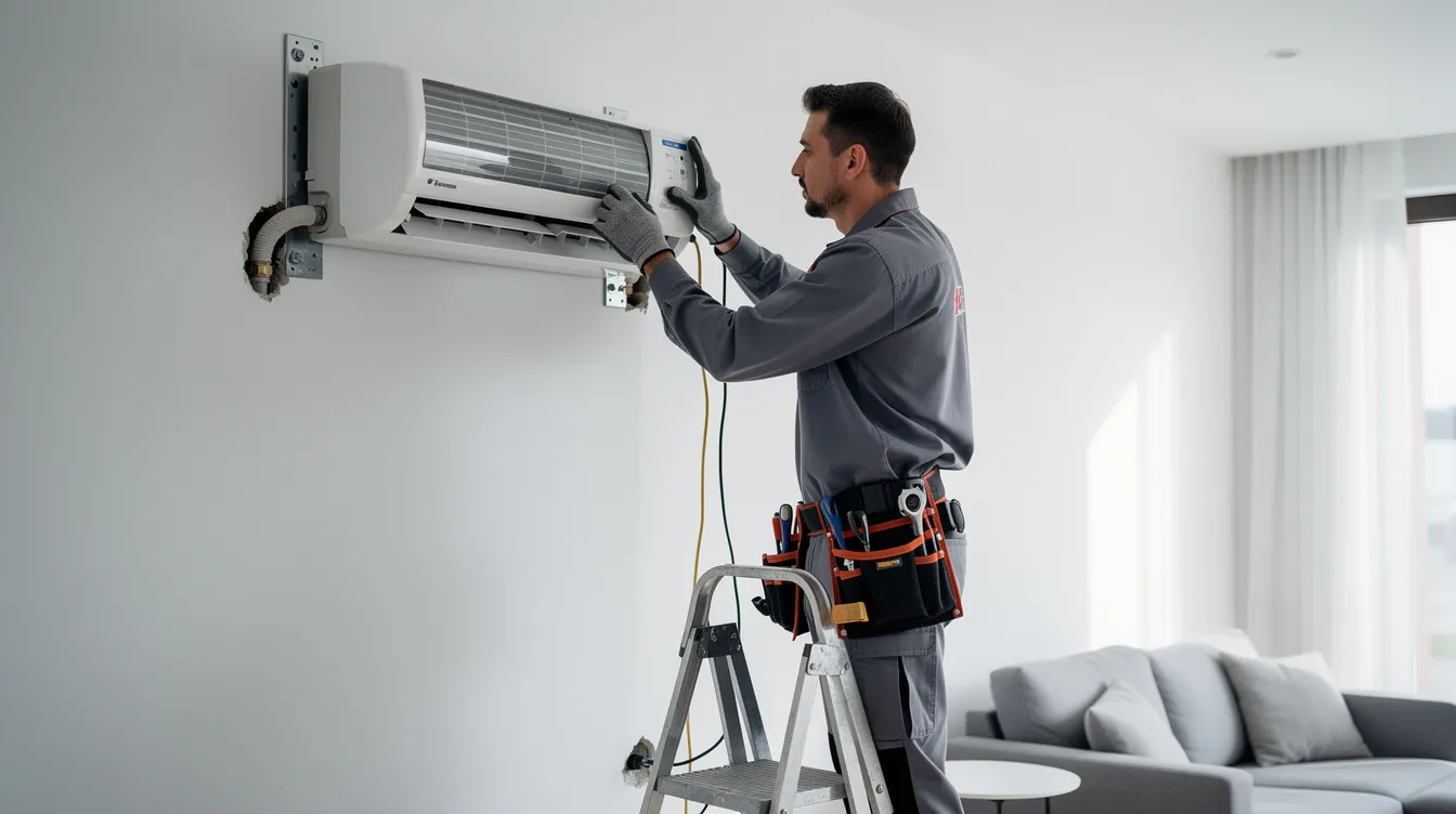 A technician is installing a split air conditioner on an interior wall, carefully connecting the indoor unit to the necessary electrical connections for optimal air conditioning performance. The scene highlights the professional service and expertise of air conditioning installers, ensuring efficient cooling systems for residential or commercial spaces.