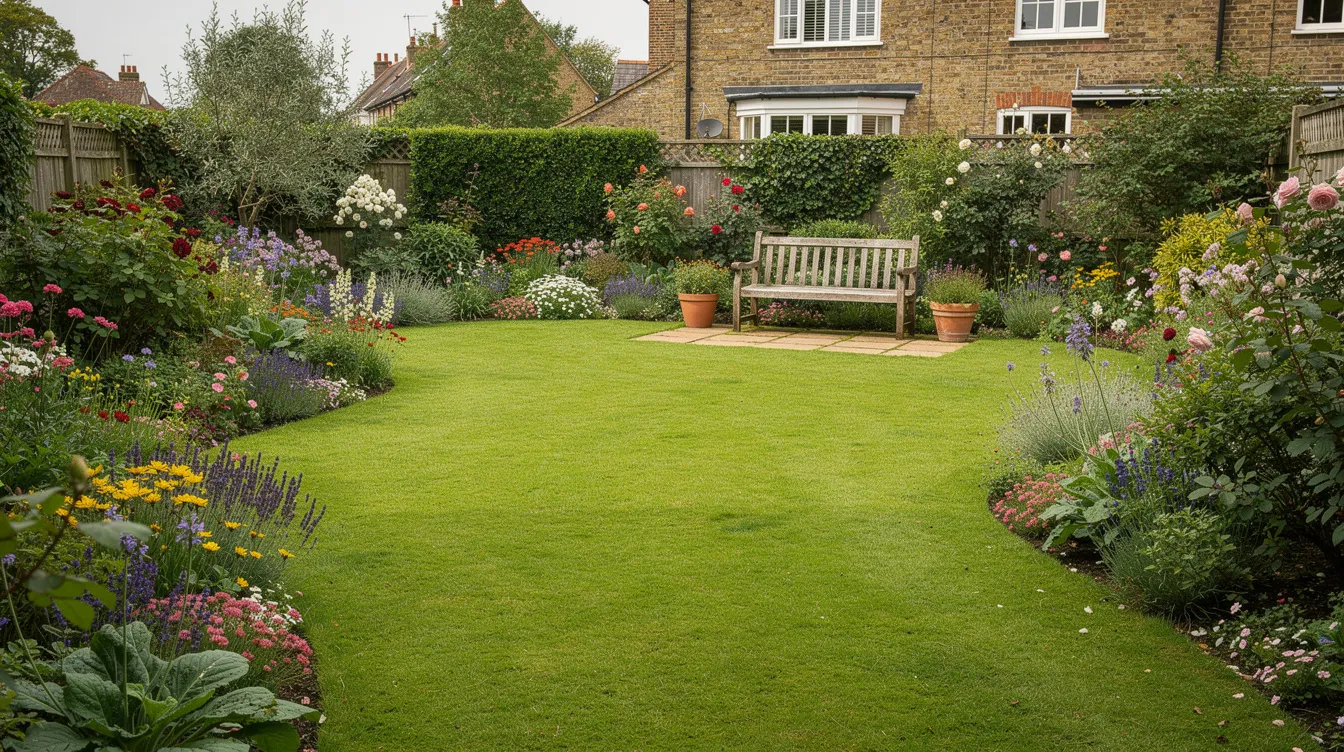 The image showcases a wide shot of a vibrant green lawn in a British suburban garden, bordered by colorful flowers and featuring a wooden garden bench. This lush lawn, a perfect example of healthy grass, invites relaxation and reflects the results of regular maintenance and care.