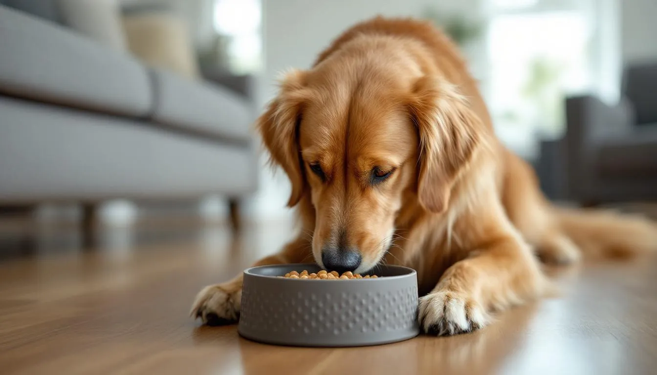 A happy, healthy dog is calmly eating from a slow-feeder bowl, enjoying its meal while promoting healthy digestion. This scene emphasizes the importance of quality dog food that supports the dog
