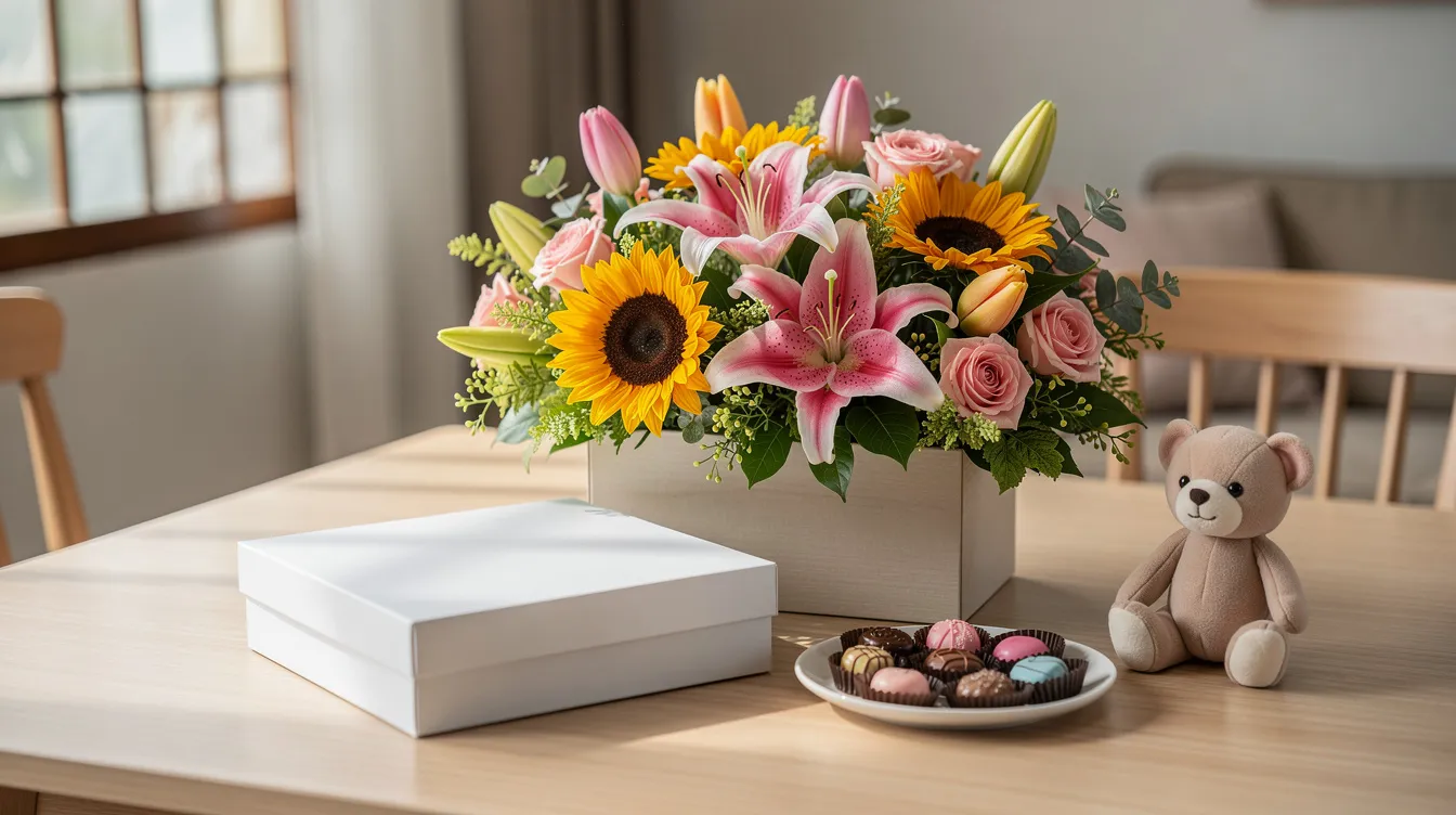 A vibrant and luxurious flower box arrangement features bright sunflowers, Stargazer lilies, tulips, and pink roses, surrounded by fresh greenery. This cheerful display, set on a clean table with tasteful gift add-ons like a blank cake box and chocolates, captures the essence of Mother's Day celebrations in the Philippines, conveying love, beauty, and warmth for cherished mothers.
