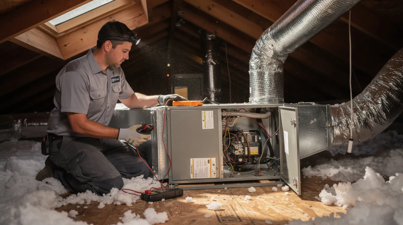A technician is working beside an attic air handler in a Texas home, inspecting the AC unit to ensure proper system performance and prevent costly repairs. The scene highlights the importance of HVAC repair services in maintaining energy efficiency and addressing common AC issues.