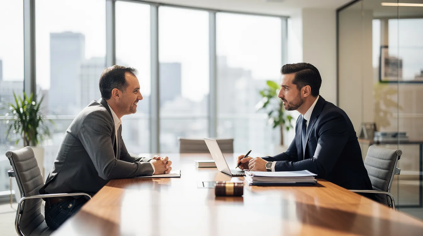 The image depicts a professional attorney consulting with a client in a modern office, emphasizing the importance of legal representation for car accident claims in Colorado. The setting suggests a focus on providing guidance for accident victims navigating insurance companies and legal complexities after a serious collision.
