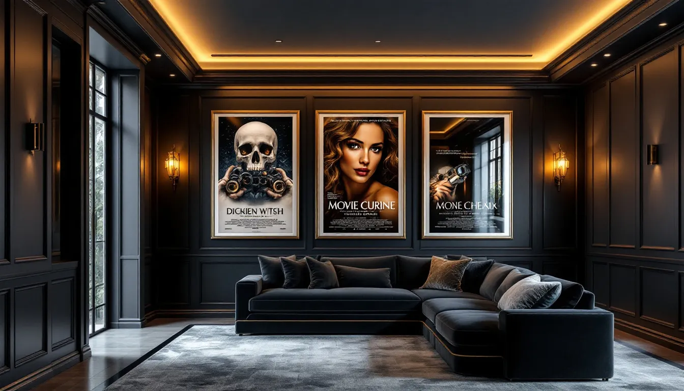 Decorative movie posters adorning the walls of a home theater, enhancing its visual appeal.