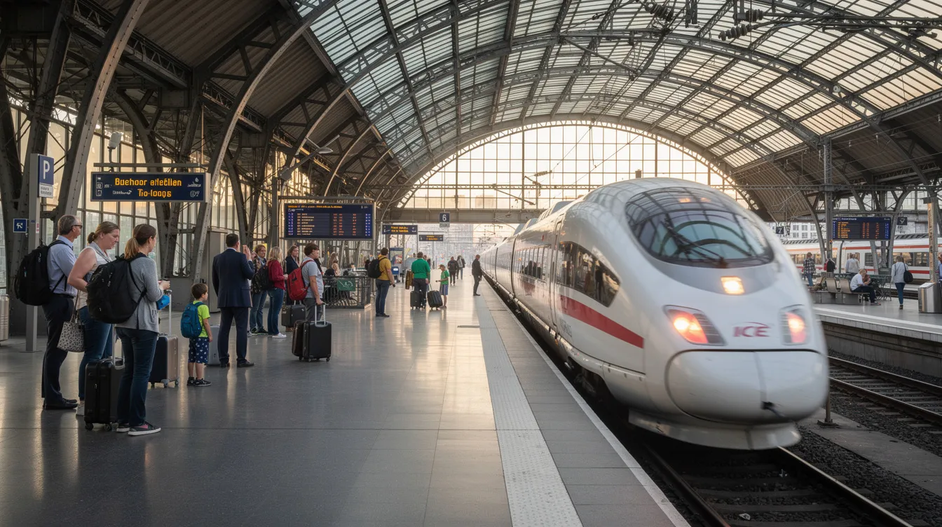A modern white ICE high-speed train is arriving at a spacious German railway station platform, which features a striking glass roof. Passengers are waiting on the platform, preparing for their journeys on the German rail network, where they can buy train tickets online for long-distance travel.