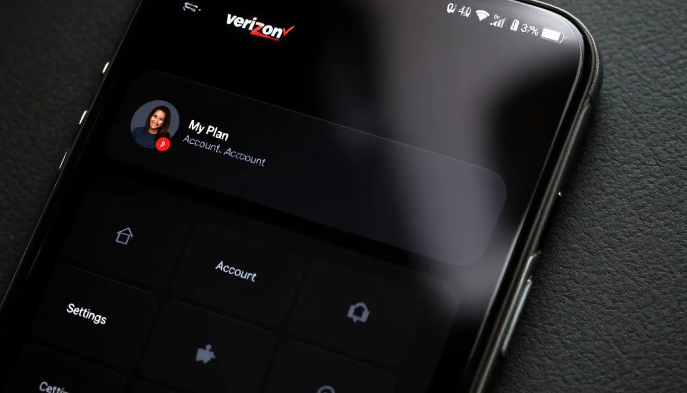 A smartphone is shown displaying the Verizon mobile app interface, featuring options for account management, payment details, and customer service assistance. Users can navigate through the app to find information about Verizon customer service hours and contact options for technical support.