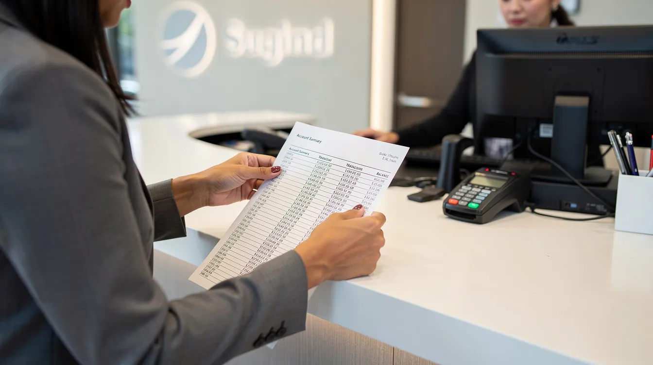 e66272b1 37dc 4b67 80a3 008746370dd0 A person is seated at a bank branch counter, intently reviewing a financial statement document, likely related to their eligibility for a mudra loan under the Pradhan Mantri Mudra Yojana, which supports micro enterprises and small business loans in India. The setting conveys a professional atmosphere, emphasizing the importance of financial services for entrepreneurs and traders.