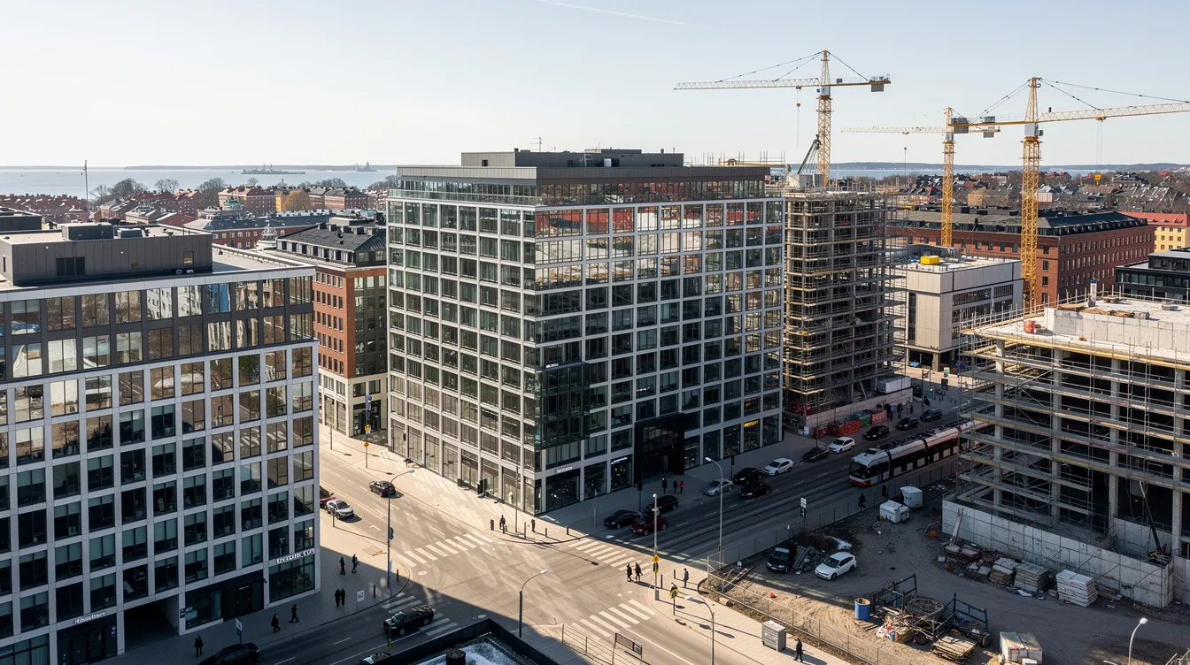 Helsingi äripiirkonnas on moodsad büroohooned ja ehitusplatsid, mis iseloomustavad tänapäevast ettevõtluskeskkonda Soomes.