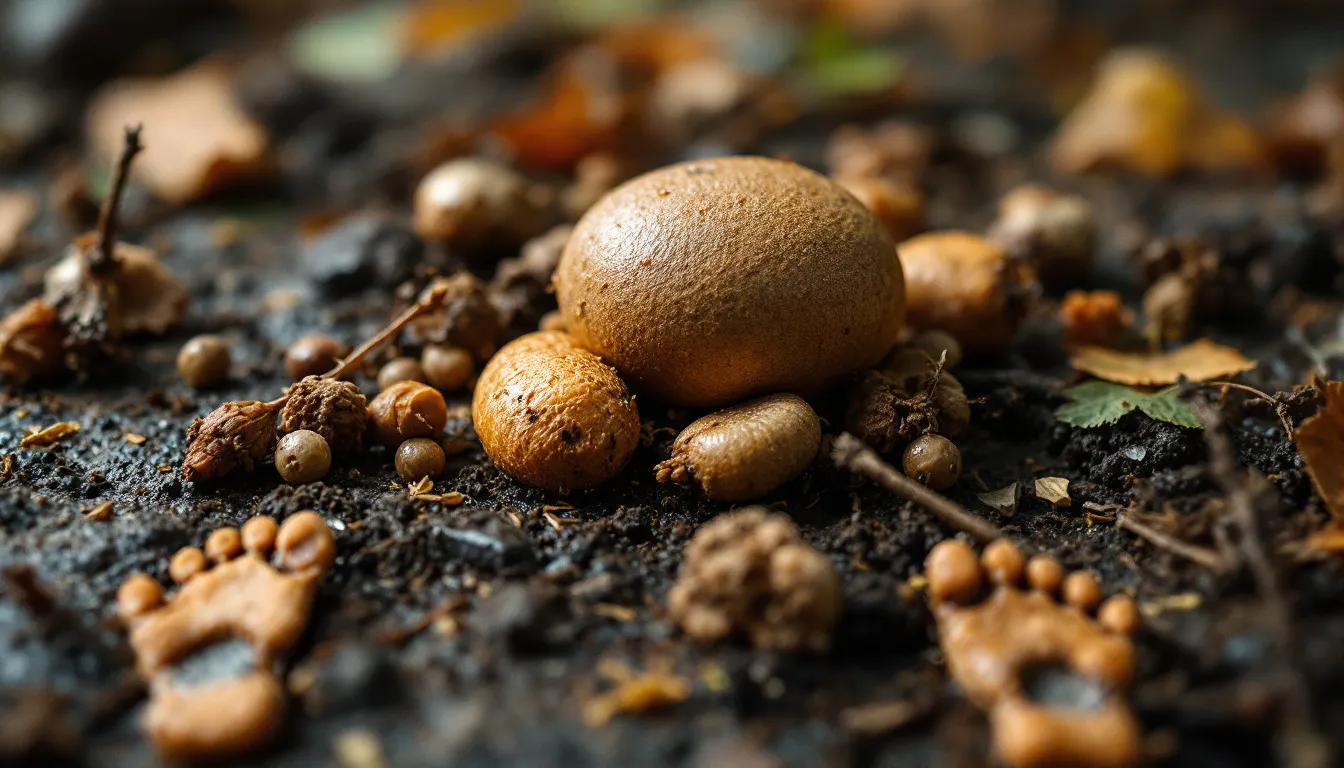 A close-up view of various wildlife droppings and tracks, essential for detecting wildlife presence.