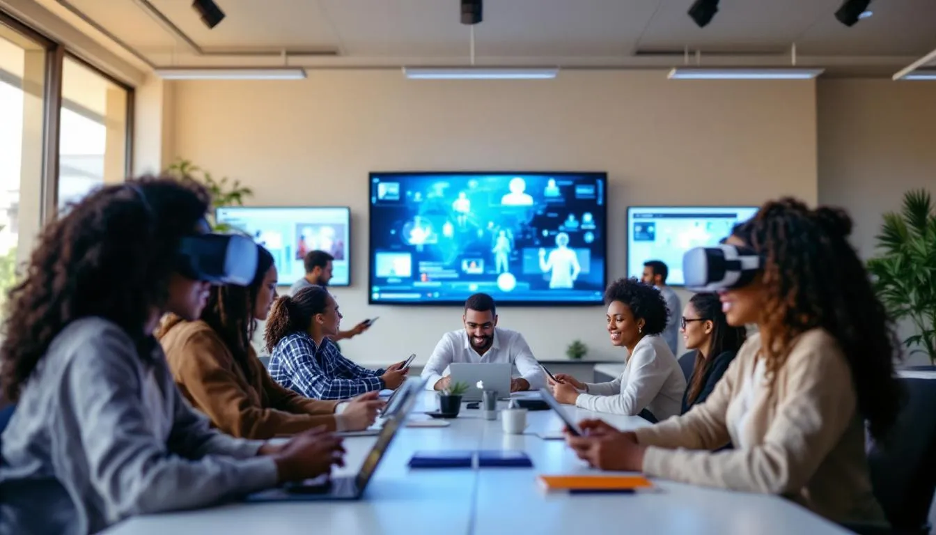 The image depicts a modern digital health education setup, featuring diverse individuals engaged with tablets, virtual reality headsets, and interactive displays. This environment emphasizes health education and promotion, showcasing innovative strategies for enhancing mental and physical health among community members.