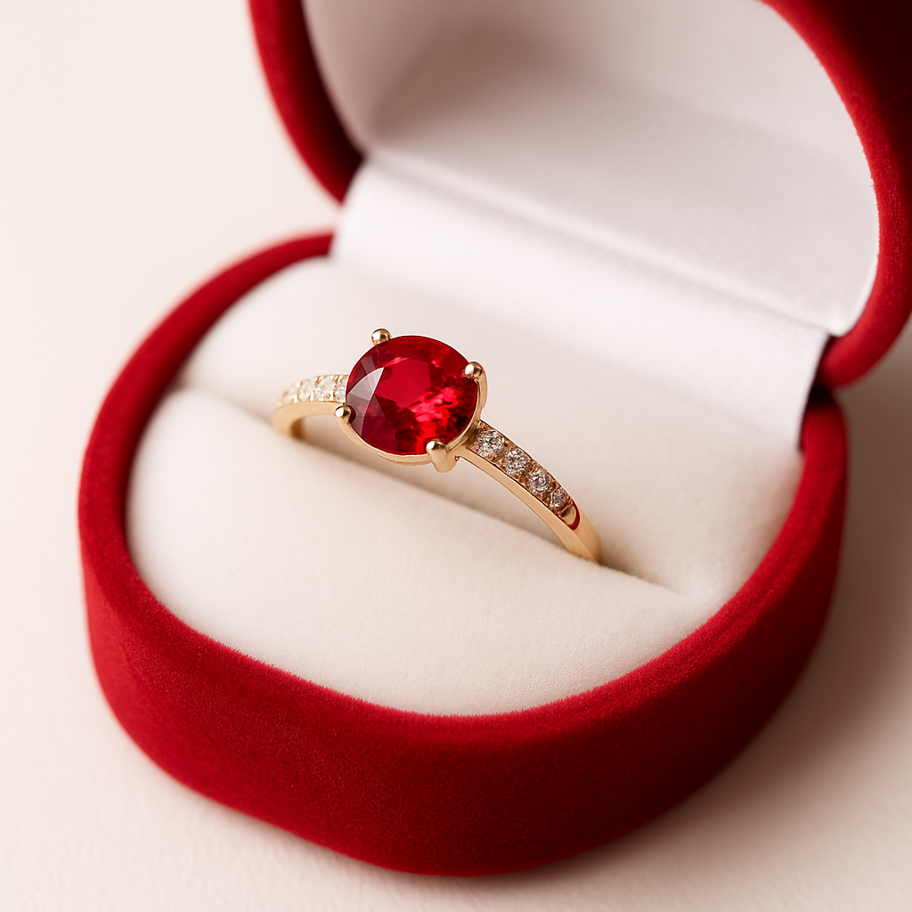 žiedas su rubinu ir deimantais raudonoje dėžutėje