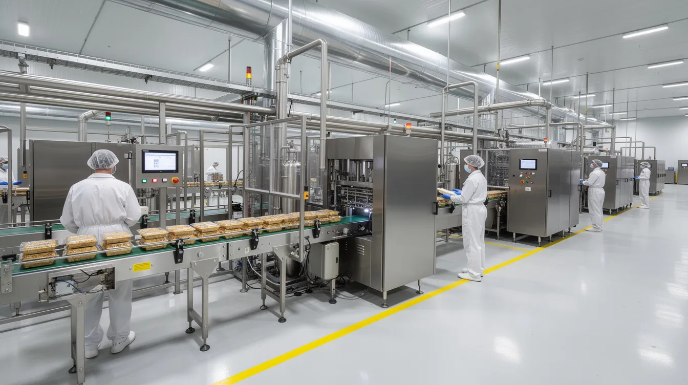 The image depicts the interior of a food processing factory with industrial machines and conveyor belts actively in use, where workers in protective gear are seen on a clean concrete floor. This setting is essential for the manufacturing process of poha, or flattened rice, highlighting the machinery and operations involved in meeting local demand for finished goods.