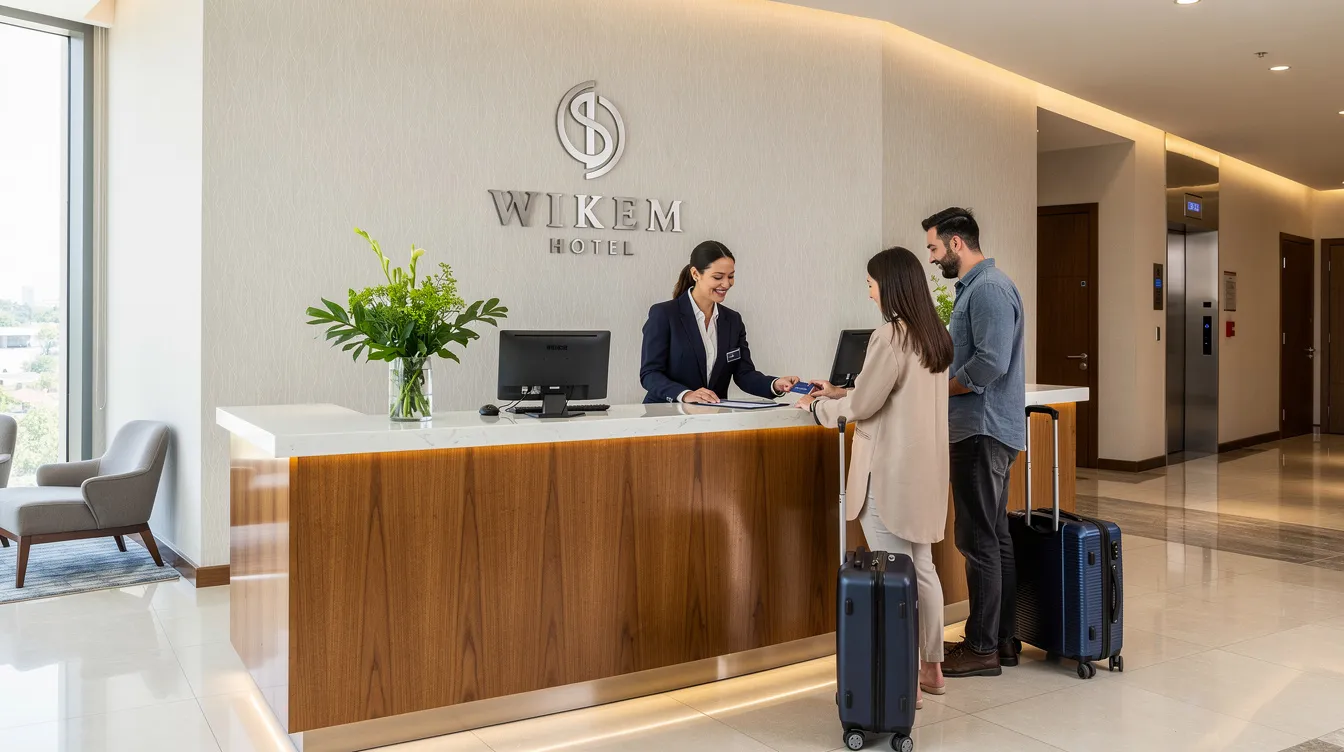 e666e392 9749 449d ad5c 1c525334166f The image shows a hotel front desk where a receptionist is checking in guests, creating a welcoming atmosphere for visitors. This scene highlights the importance of guest experience in the hospitality industry, which is crucial for achieving profitability and maintaining a high occupancy rate.
