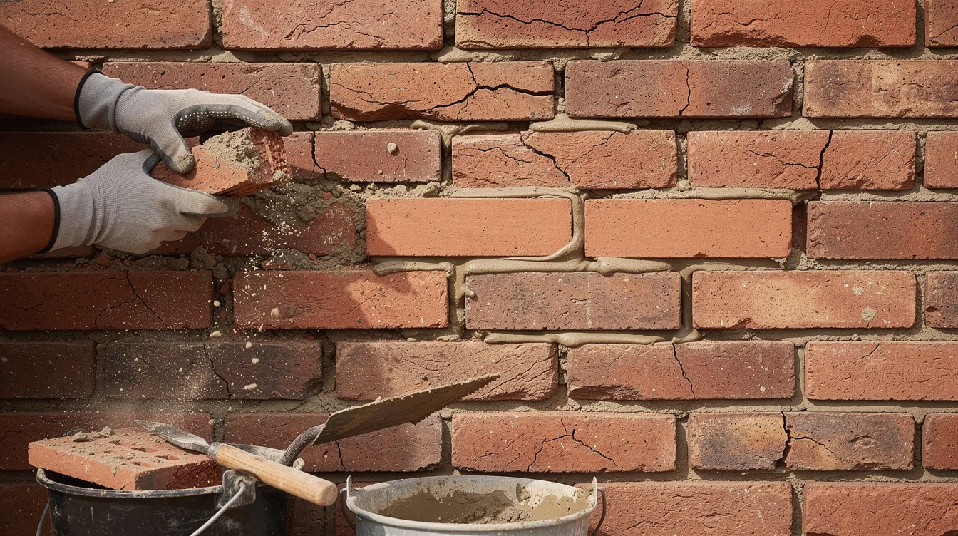 The image depicts a close-up view of a brick wall showing various brick cracks and crumbling mortar joints, highlighting areas in need of repair. Tools such as a trowel and chisel are positioned nearby, emphasizing the process of restoring structural integrity and stability to the brickwork.