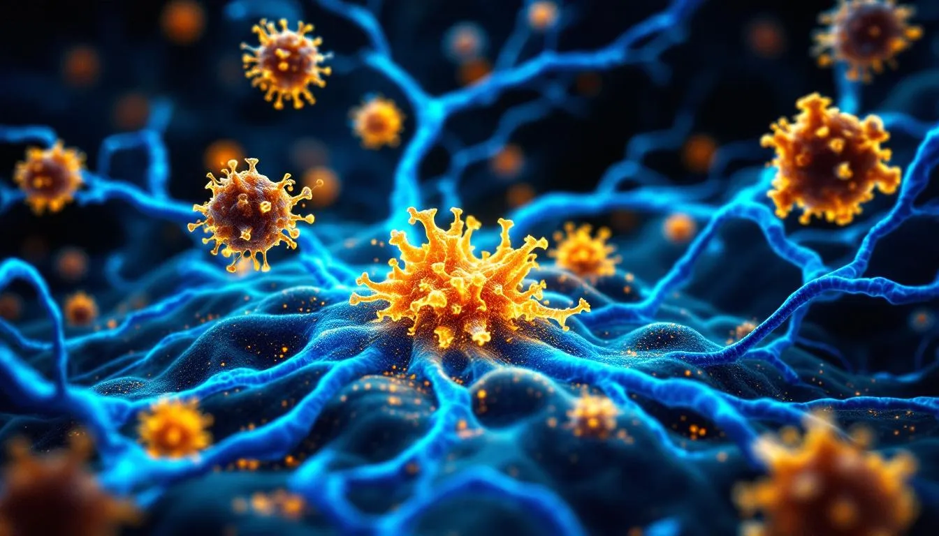 An artistic representation of the immune system's role in Alzheimer's disease and chronic inflammation.