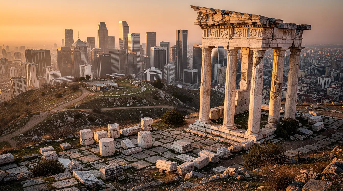 Ruínas de um antigo templo de mármore situadas no topo de uma colina, oferecendo uma vista panorâmica da cidade moderna ao fundo. Este ponto turístico combina a história e a arte em um cenário que atrai visitantes de todas as idades.