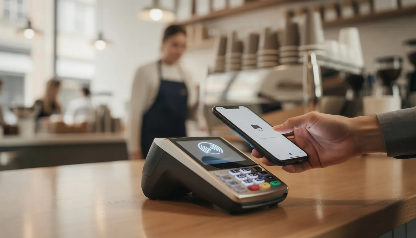 The image shows a bustling coffee shop counter with a modern card payment terminal, where a customer is tapping their mobile device to make a contactless payment using Apple Pay or Google Pay. The scene captures the convenience of accepting card payments in a vibrant small business environment.