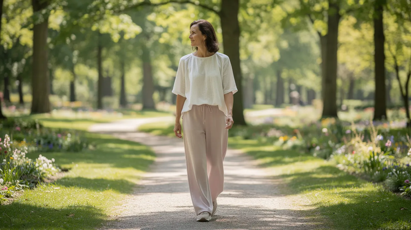A person is taking a gentle walk along a park path, dressed in comfortable, loose-fitting clothing, enjoying the outdoors. This scene reflects a healthy lifestyle, which is essential for maintaining results after a body contouring procedure like liposuction, where recovery involves managing discomfort and promoting healing through regular exercise and a healthy diet.