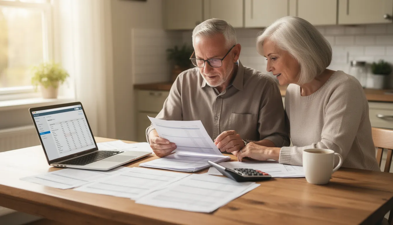 An older couple sits together at a kitchen table, reviewing financial documents that likely pertain to their retirement plans. They appear focused as they discuss important aspects of their retirement benefits, possibly including their FERS retirement calculations and years of service.
