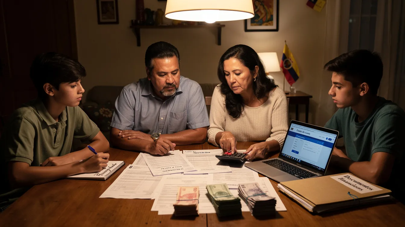 Una familia colombiana se encuentra sentada alrededor de la mesa del comedor, revisando documentos financieros y discutiendo aspectos relacionados con su patrimonio y la gestión de sus finanzas. En este proceso de toma de decisiones, analizan sus activos y pasivos, buscando mejorar su situación económica y asegurar su futuro.