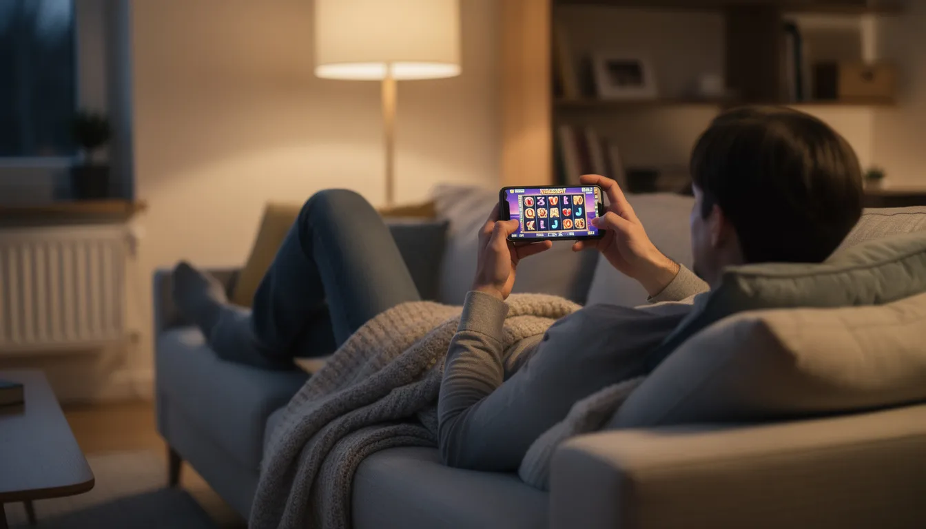 En person sitter bekvämt i en soffa och spelar på sin mobiltelefon, fullt koncentrerad på ett online casino-spel. Den avslappnade atmosfären och spänningen från spelen ger en känsla av "thrills casino" direkt i hemmet.