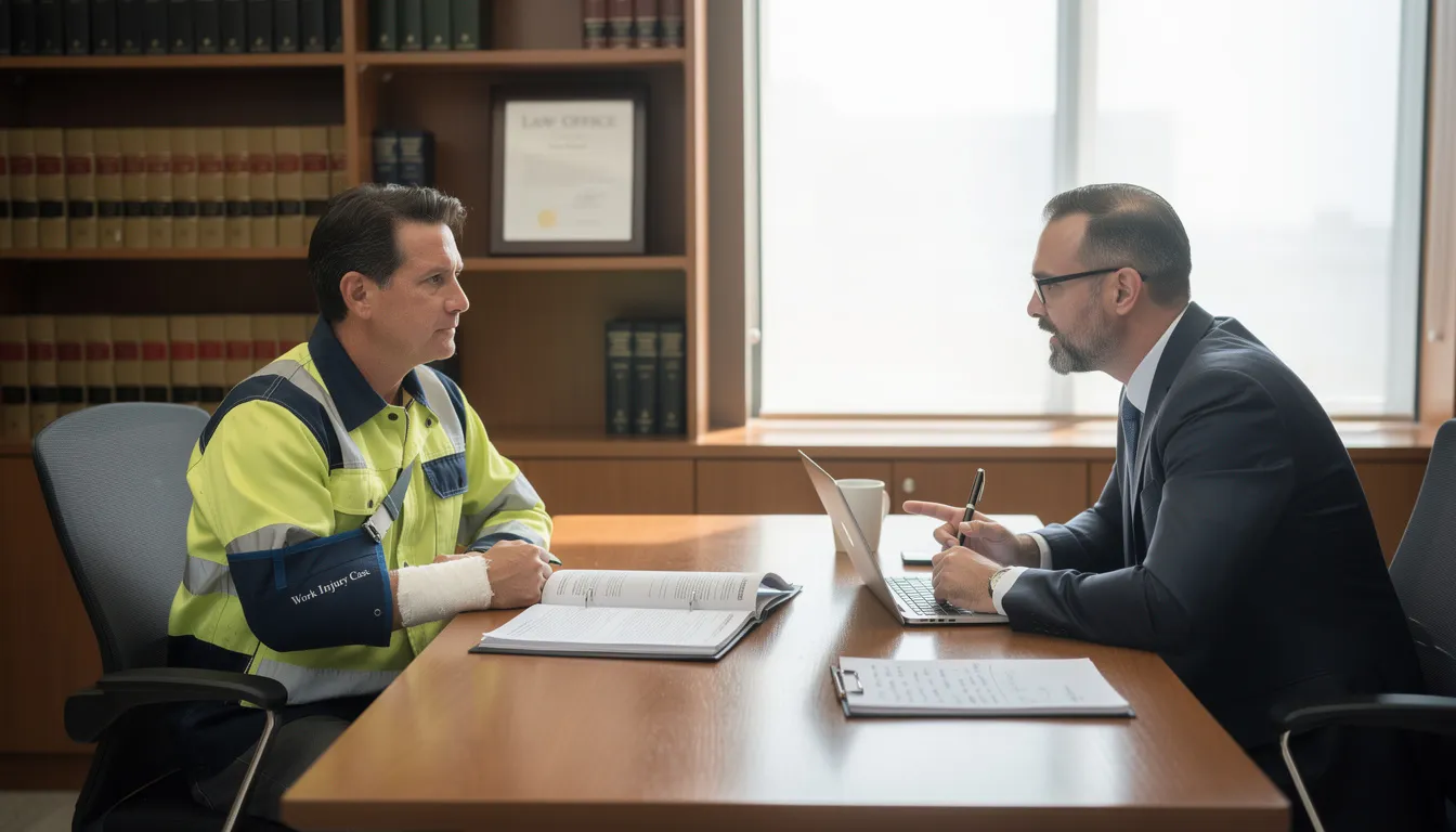 The image depicts a legal consultation meeting between a workers compensation lawyer and an injured worker, where they discuss the details of a personal injury claim related to workplace injuries. The attorney is reviewing medical documentation and accident reports to assist the injured employee in navigating the legal process and obtaining full benefits for their recovery.